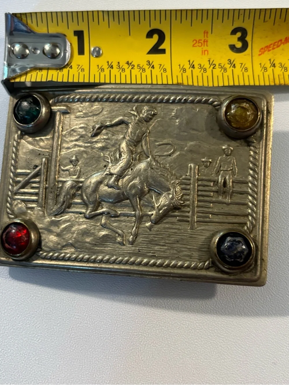 Vintage Western Motif Belt Buckle with Multicolor Stones 1940s? Cowboy